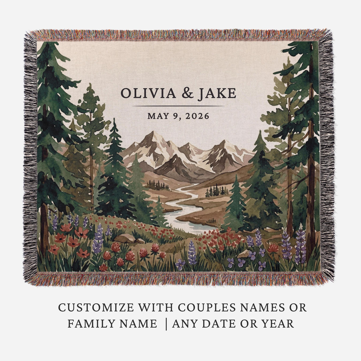 Personalized National Park Woven Blanket Outdoorsy Couple Wedding Gift Forest Scene Adventurous Hiking Cotton Anniversary Wildflower Names - product image 4
