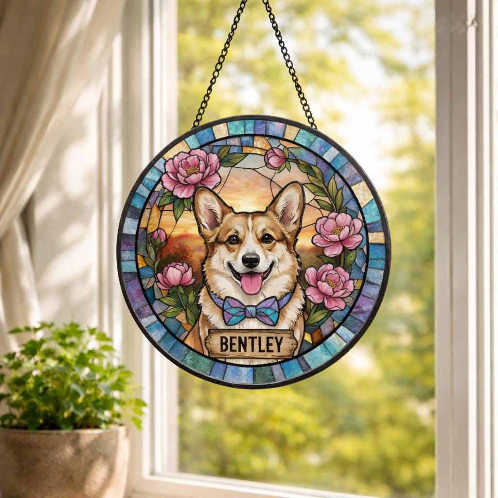 Custom Real Glass Pet Memorial Suncatcher, Personalized Floral Dog Cat Loss Gift, Sympathy Window Hanging, Stained Glass Pet Portrait - product image 2