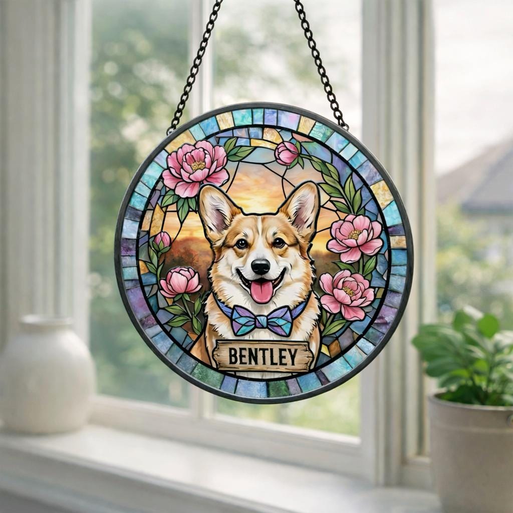 Custom Real Glass Pet Memorial Suncatcher, Personalized Floral Dog Cat Loss Gift, Sympathy Window Hanging, Stained Glass Pet Portrait - product image 4