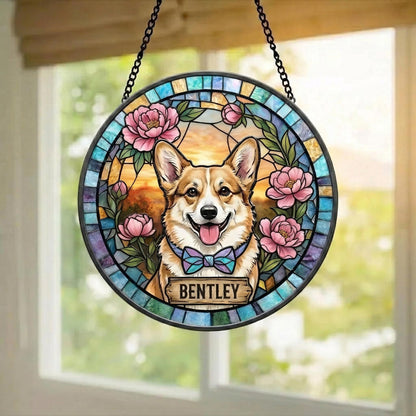 Custom Real Glass Pet Memorial Suncatcher, Personalized Floral Dog Cat Loss Gift, Sympathy Window Hanging, Stained Glass Pet Portrait - main product image