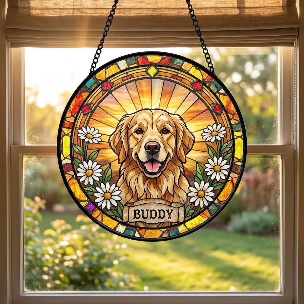 Personalized Dog Portrait Stained Glass Suncatcher, Custom Pet Memorial Stained Glass Photo Suncatcher, Dog Loss Keepsake, Pet Loss Gift - product image 5