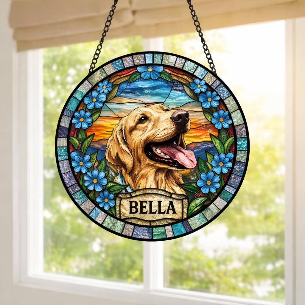 Personalized Dog Portrait Stained Glass Suncatcher, Custom Pet Memorial Stained Glass Photo Suncatcher, Dog Loss Keepsake, Pet Loss Gift - product image 3
