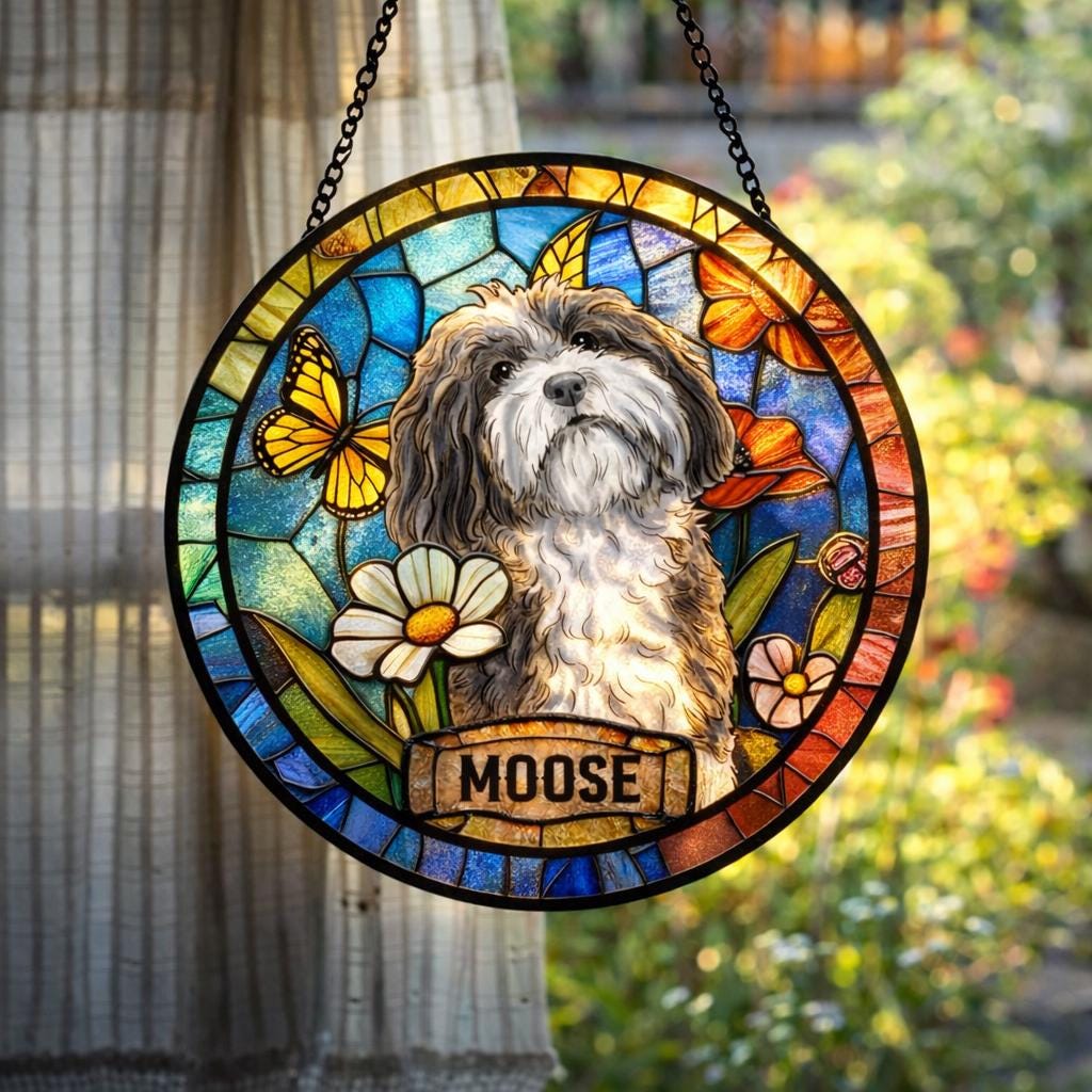 Personalized Dog Portrait Stained Glass Suncatcher, Custom Pet Memorial Stained Glass Photo Suncatcher, Dog Loss Keepsake, Pet Loss Gift - product image 11