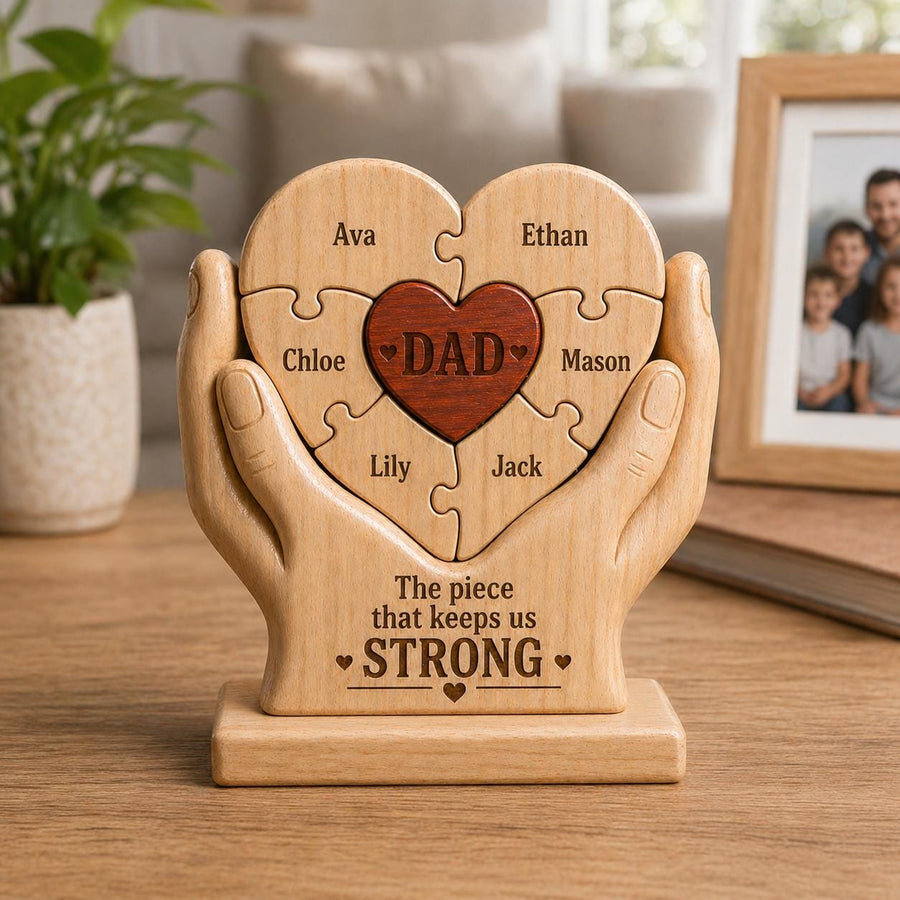 Personalized Dad Gift, Custom Name Wooden Puzzle Heart, Father’s Day Gift From Kids, Dad Papa Daddy Keepsake, Family Decor - main product image
