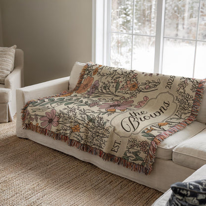 Custom Wedding Woven Blanket, Last Name Floral Throw, Personalized Woven Throw Blanket For Couples, Just Married Gift - product image 3