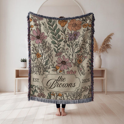 Custom Wedding Woven Blanket, Last Name Floral Throw, Personalized Woven Throw Blanket For Couples, Just Married Gift - main product image
