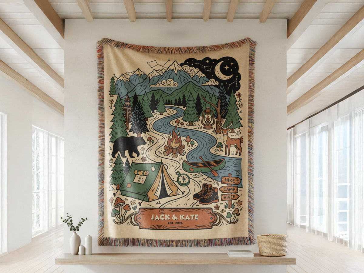 Personalized Couple Woven Throw Blanket, Outdoorsy Keepsake, Cotton Fringe Throw, Travel Family gift, Couple Keepsake, Woven Camping Blanket - product image 5