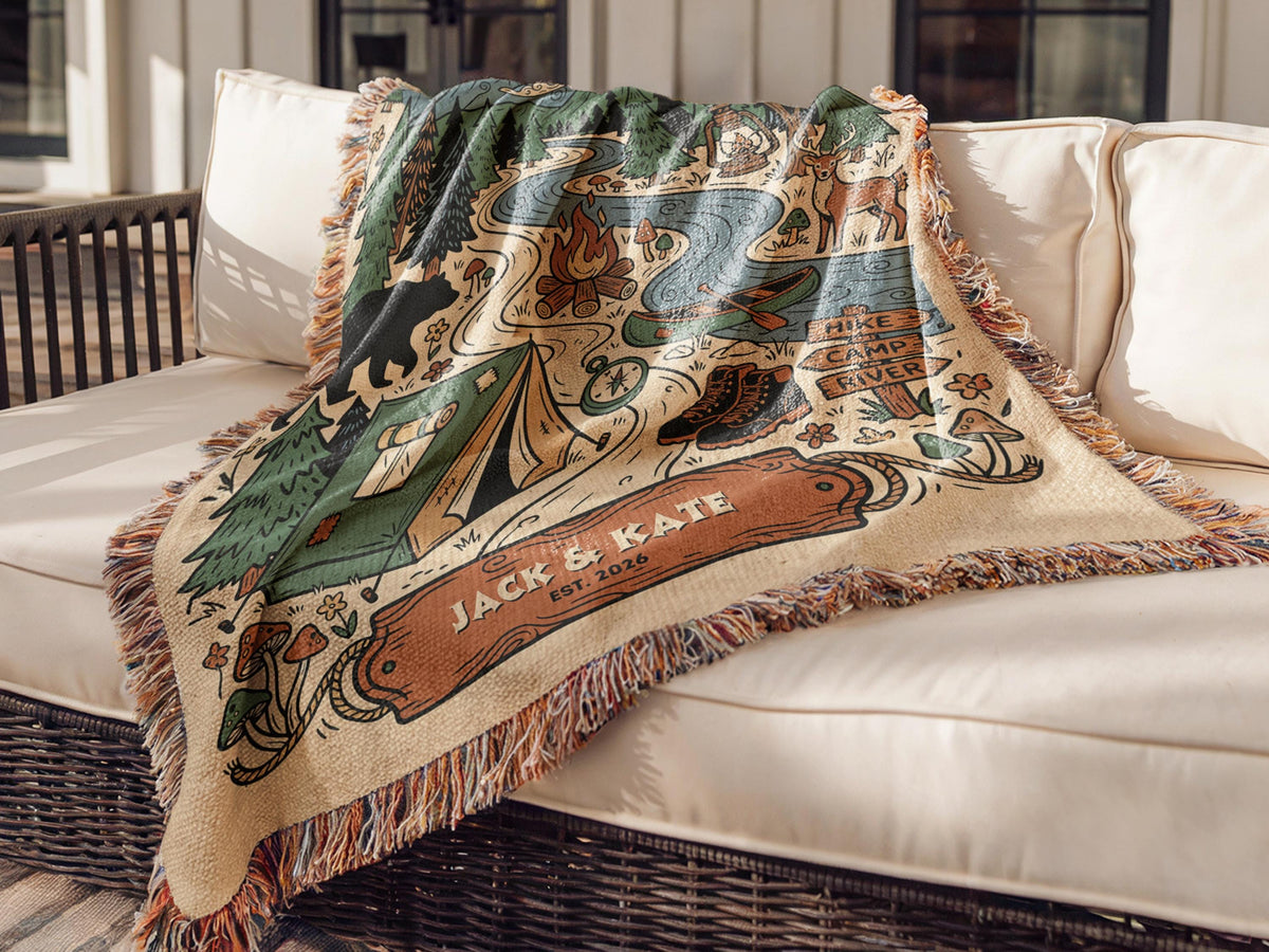 Personalized Couple Woven Throw Blanket, Outdoorsy Keepsake, Cotton Fringe Throw, Travel Family gift, Couple Keepsake, Woven Camping Blanket - product image 4