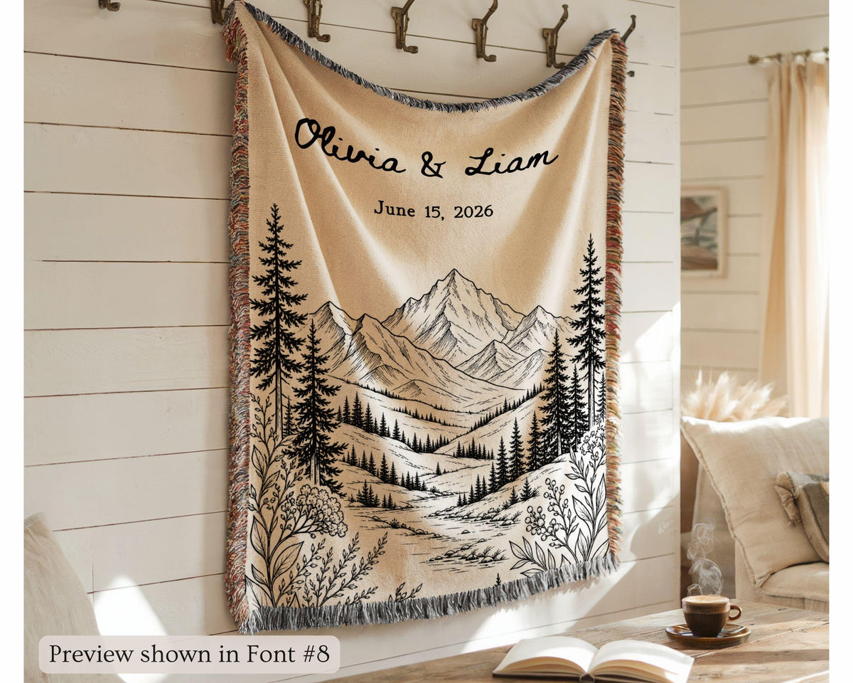 Personalized Mountain Woven Blanket, Custom Couple Name Date Throw, Forest Wedding Gift, Cotton Anniversary Gift for Couples Nature Lovers - product image 9