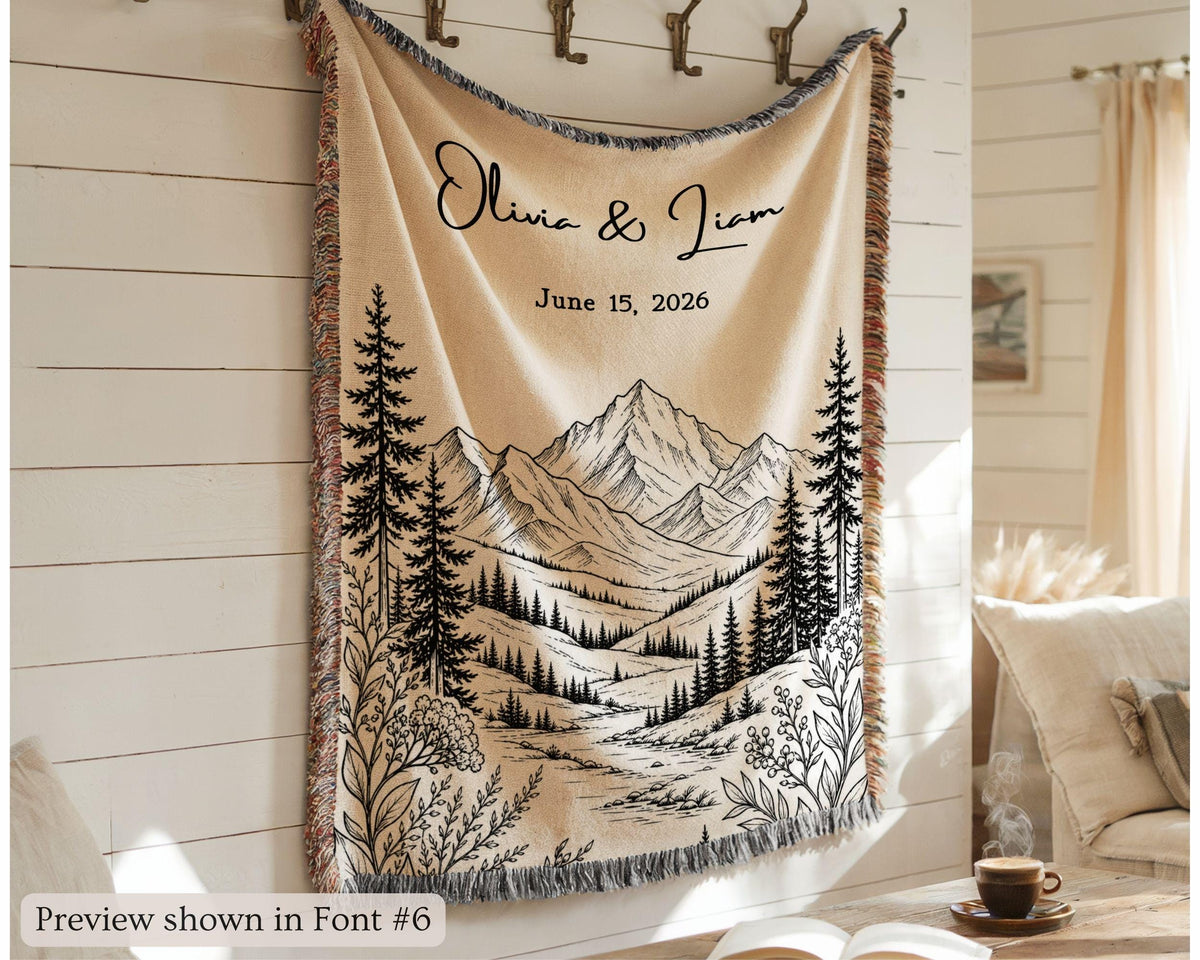 Personalized Mountain Woven Blanket, Custom Couple Name Date Throw, Forest Wedding Gift, Cotton Anniversary Gift for Couples Nature Lovers - main product image