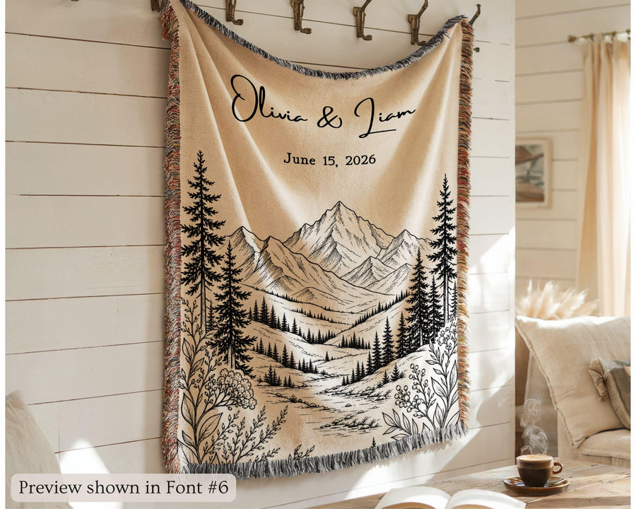 Personalized Mountain Woven Blanket, Custom Couple Name Date Throw, Forest Wedding Gift, Cotton Anniversary Gift for Couples Nature Lovers - main product image