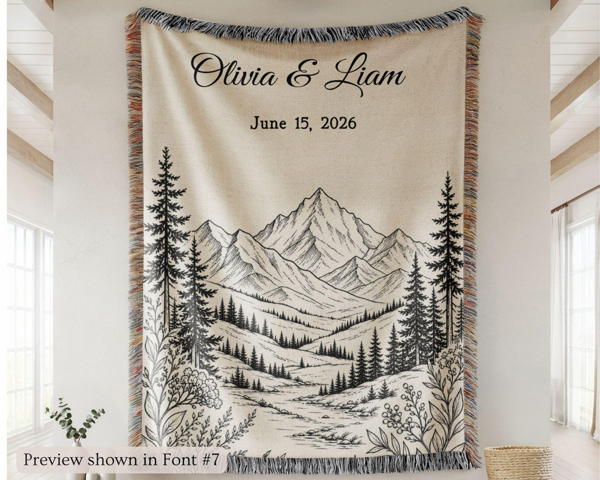Personalized Mountain Woven Blanket, Custom Couple Name Date Throw, Forest Wedding Gift, Cotton Anniversary Gift for Couples Nature Lovers - product image 5