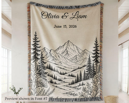 Personalized Mountain Woven Blanket, Custom Couple Name Date Throw, Forest Wedding Gift, Cotton Anniversary Gift for Couples Nature Lovers - product image 5