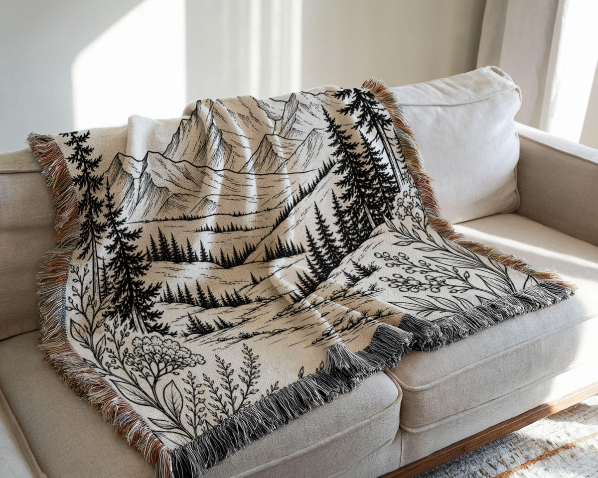 Personalized Mountain Woven Blanket, Custom Couple Name Date Throw, Forest Wedding Gift, Cotton Anniversary Gift for Couples Nature Lovers - product image 3