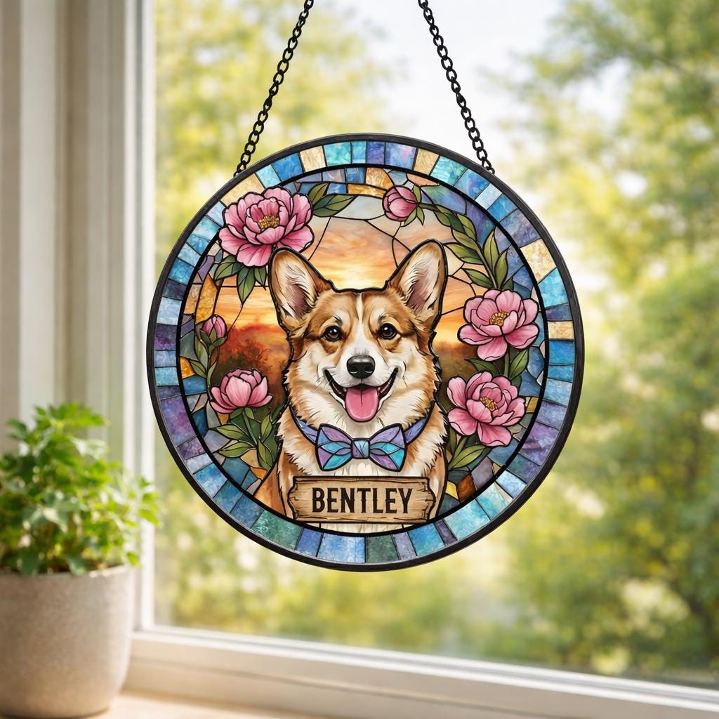 Custom Real Glass Pet Memorial Suncatcher, Personalized Floral Dog Cat Loss Gift, Sympathy Window Hanging, Stained Glass Pet Portrait - product image 3