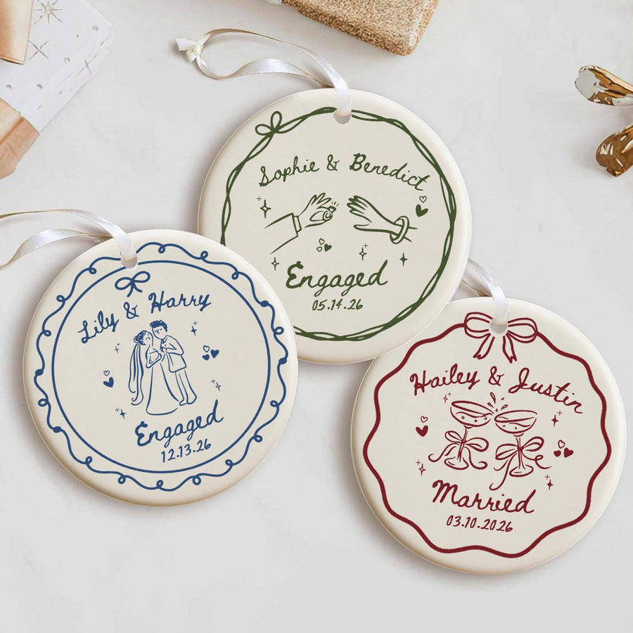 2 Sided Ceramic Ornament, Custom Engagement Gift, Personalized Engagement Gift for Engaged Couples, Wedding Gift Newlyweds, Bride and Groom - main product image