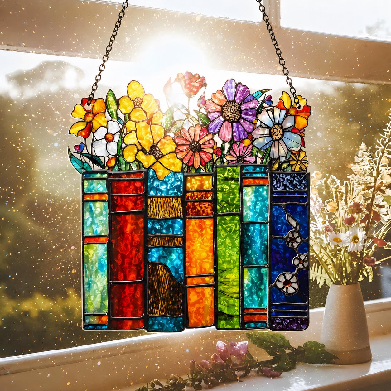 Book Lover Suncatcher, Colorful Books and Flowers Acrylic Window Hanging, Literary Gift for Readers, Rainbow Sun Catcher, Mothers Day Gift - product image 3