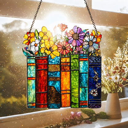 Book Lover Suncatcher, Colorful Books and Flowers Acrylic Window Hanging, Literary Gift for Readers, Rainbow Sun Catcher, Mothers Day Gift - product image 3