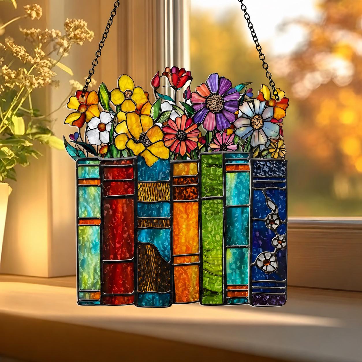 Book Lover Suncatcher, Colorful Books and Flowers Acrylic Window Hanging, Literary Gift for Readers, Rainbow Sun Catcher, Mothers Day Gift - product image 2