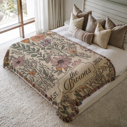 Custom Wedding Woven Blanket, Last Name Floral Throw, Personalized Woven Throw Blanket For Couples, Just Married Gift - product image 2