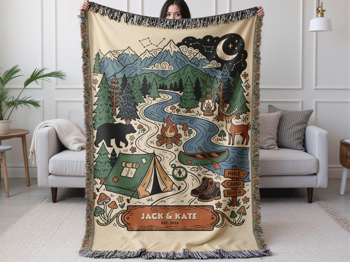 Personalized Couple Woven Throw Blanket, Outdoorsy Keepsake, Cotton Fringe Throw, Travel Family gift, Couple Keepsake, Woven Camping Blanket - product image 3