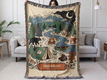 Personalized Couple Woven Throw Blanket, Outdoorsy Keepsake, Cotton Fringe Throw, Travel Family gift, Couple Keepsake, Woven Camping Blanket - product image 3