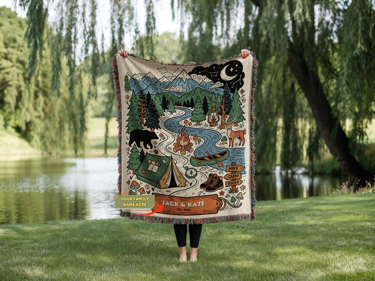 Personalized Couple Woven Throw Blanket, Outdoorsy Keepsake, Cotton Fringe Throw, Travel Family gift, Couple Keepsake, Woven Camping Blanket - main product image