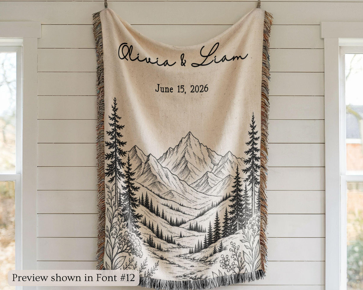 Personalized Mountain Woven Blanket, Custom Couple Name Date Throw, Forest Wedding Gift, Cotton Anniversary Gift for Couples Nature Lovers - product image 6