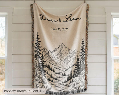 Personalized Mountain Woven Blanket, Custom Couple Name Date Throw, Forest Wedding Gift, Cotton Anniversary Gift for Couples Nature Lovers - product image 6