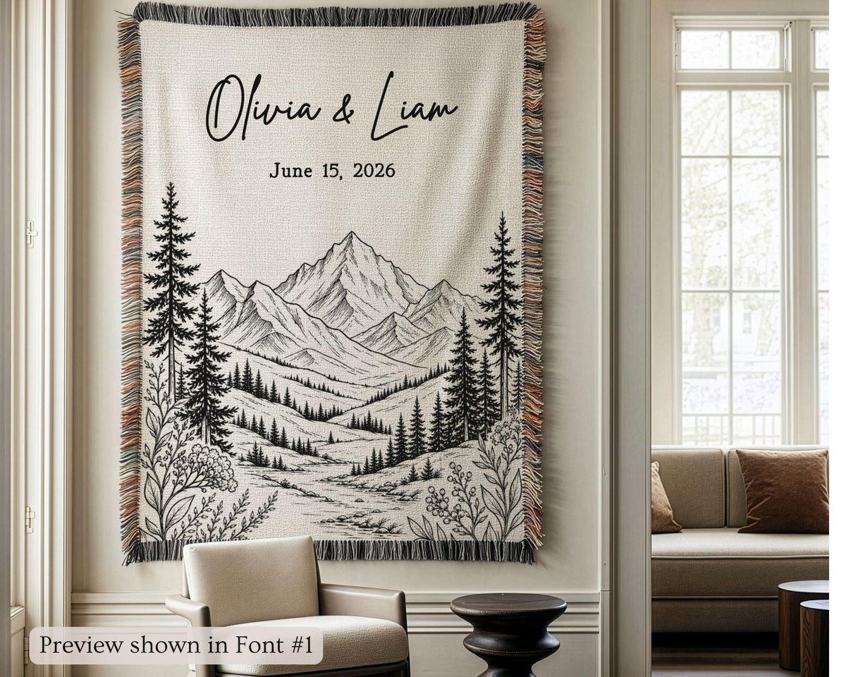 Personalized Mountain Woven Blanket, Custom Couple Name Date Throw, Forest Wedding Gift, Cotton Anniversary Gift for Couples Nature Lovers - product image 8