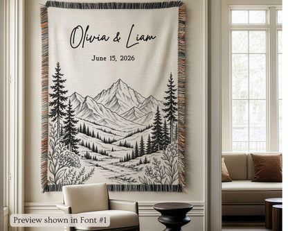 Personalized Mountain Woven Blanket, Custom Couple Name Date Throw, Forest Wedding Gift, Cotton Anniversary Gift for Couples Nature Lovers - product image 8