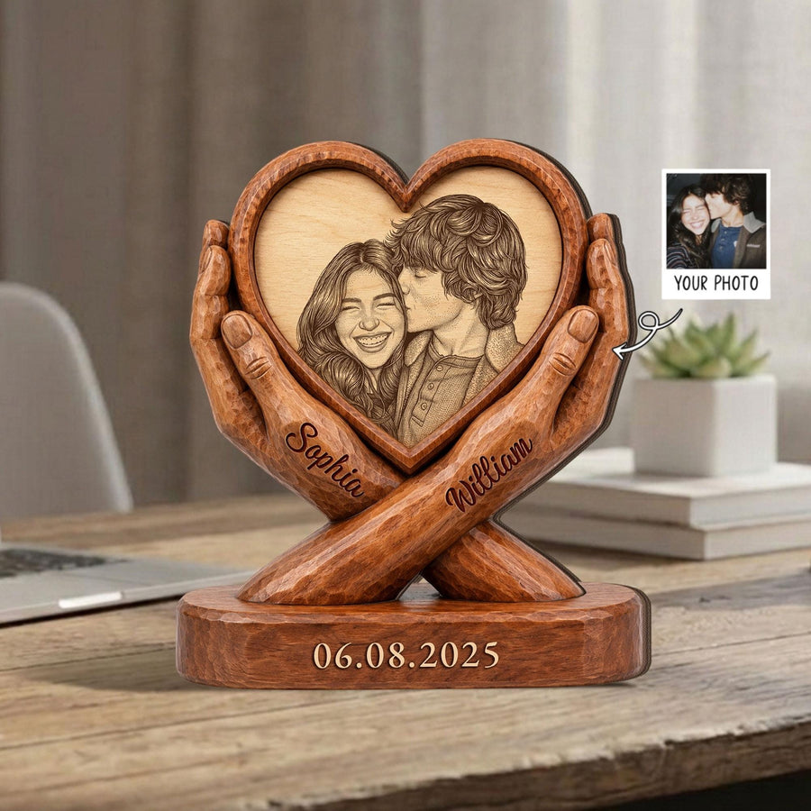 Personalized Photo Couple Wooden Plaque, Custom Image & Couple Name Sign, Wedding Anniversary Gift Block, Engagement Gift, Gift For Husband - main product image