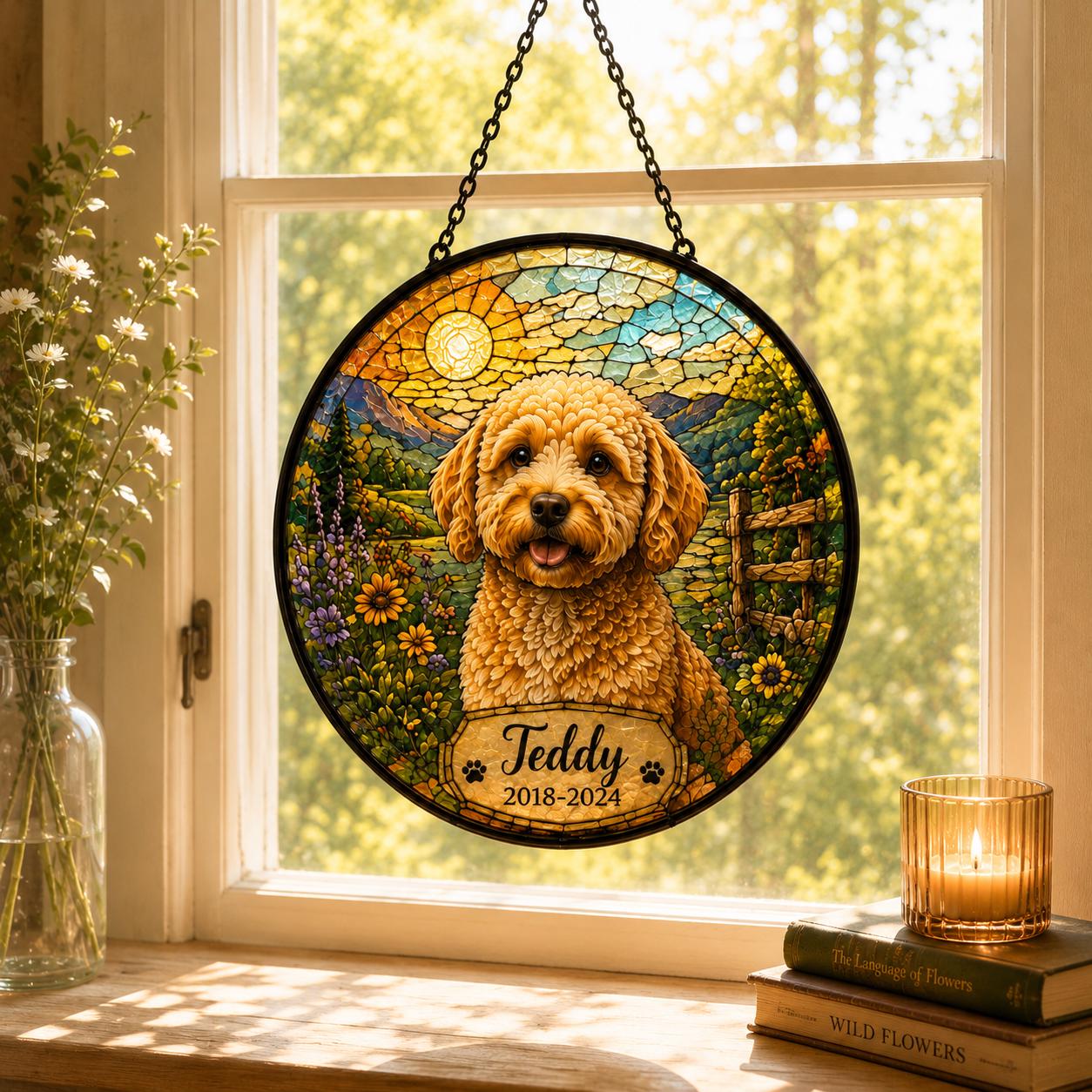 Personalized Pet Memorial Suncatcher, Custom Dog Cat Portrait Stained Glass Window Hanging, Add Name Date, Pet Loss Gift - product image 2