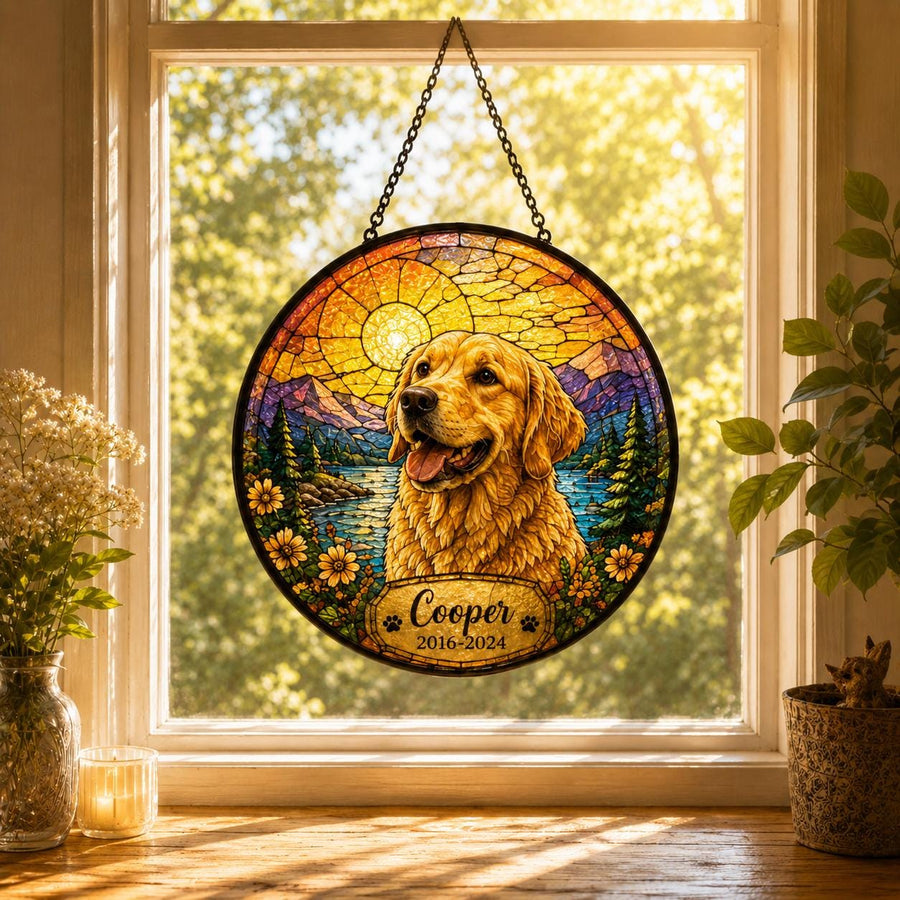 Personalized Pet Memorial Suncatcher, Custom Dog Cat Portrait Stained Glass Window Hanging, Add Name Date, Pet Loss Gift - main product image