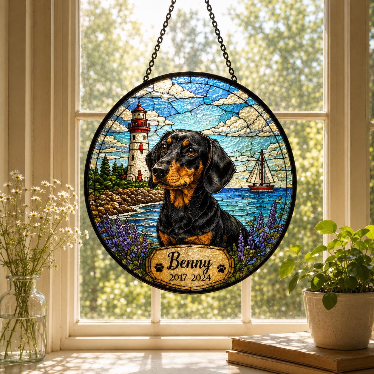 Personalized Pet Memorial Suncatcher, Custom Dog Cat Portrait Stained Glass Window Hanging, Add Name Date, Pet Loss Gift - product image 6