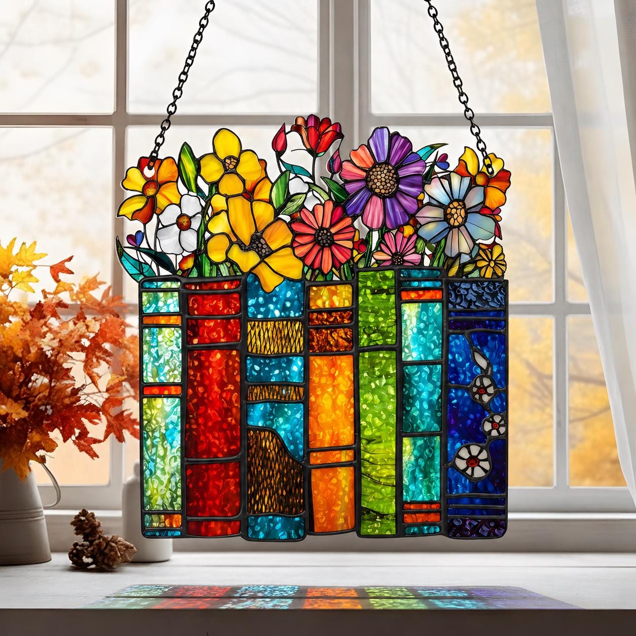 Book Lover Suncatcher, Colorful Books and Flowers Acrylic Window Hanging, Literary Gift for Readers, Rainbow Sun Catcher, Mothers Day Gift - product image 4