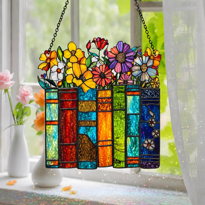 Book Lover Suncatcher, Colorful Books and Flowers Acrylic Window Hanging, Literary Gift for Readers, Rainbow Sun Catcher, Mothers Day Gift - main product image
