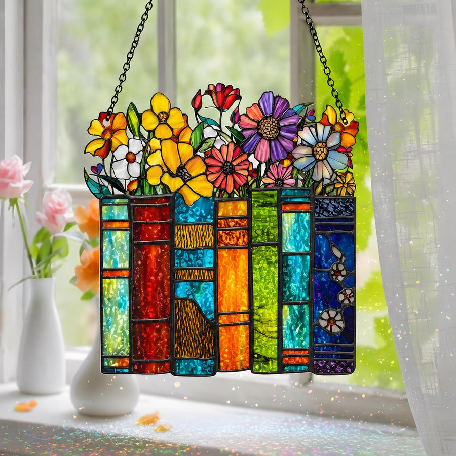 Book Lover Suncatcher, Colorful Books and Flowers Acrylic Window Hanging, Literary Gift for Readers, Rainbow Sun Catcher, Mothers Day Gift - main product image
