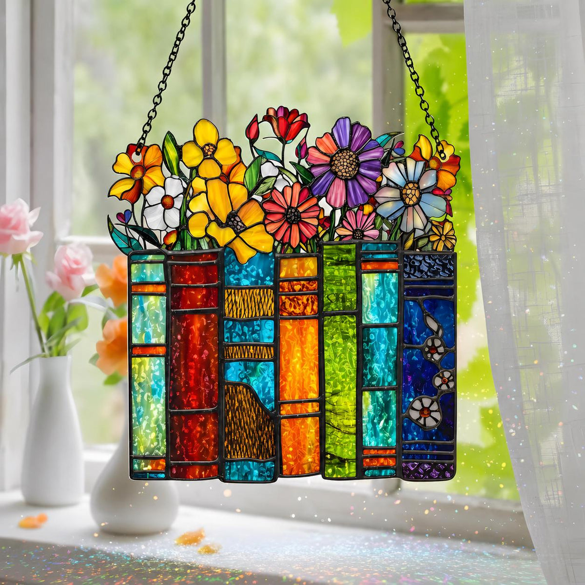 Book Lover Suncatcher, Colorful Books and Flowers Acrylic Window Hanging, Literary Gift for Readers, Rainbow Sun Catcher, Mothers Day Gift - main product image