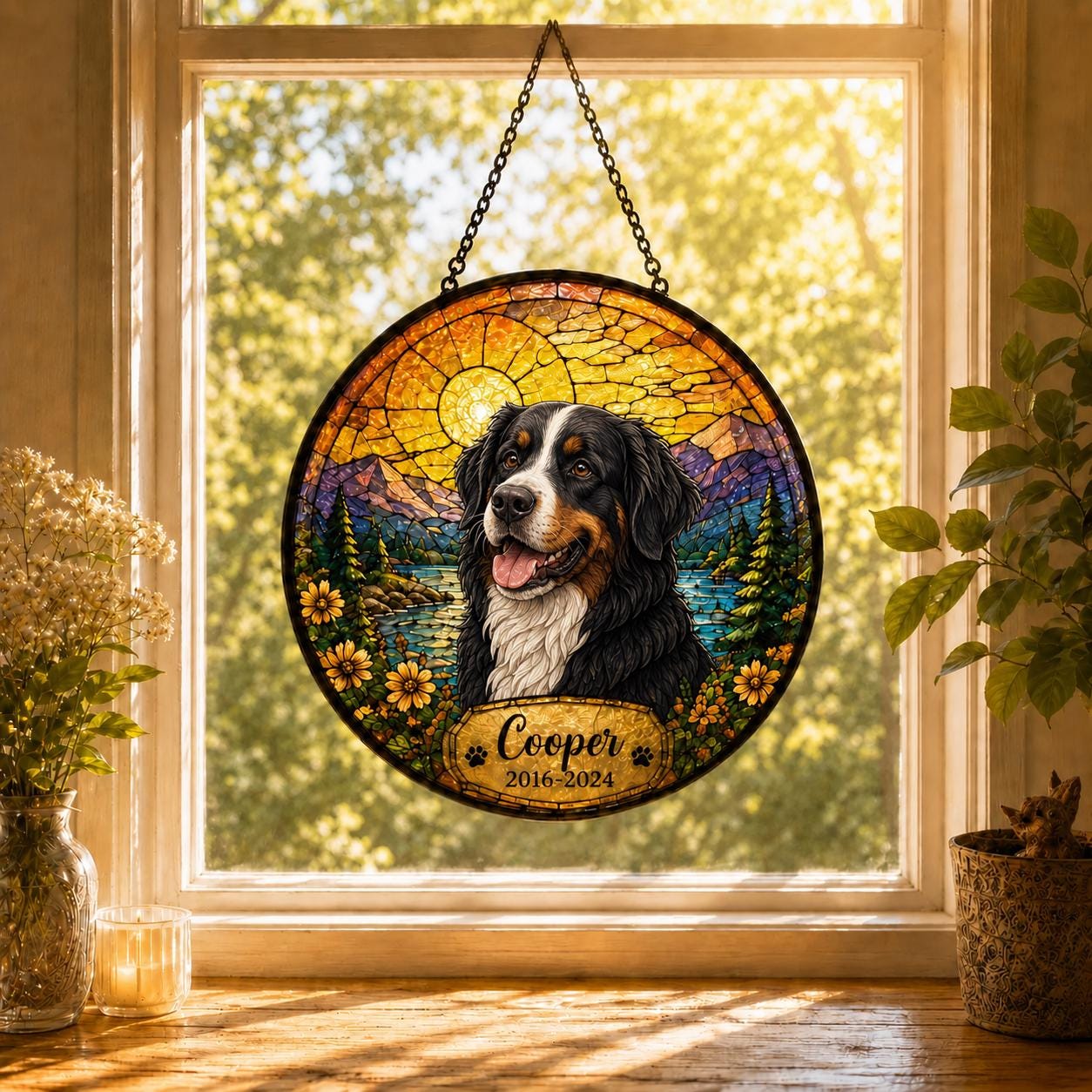 Personalized Pet Memorial Suncatcher, Custom Dog Cat Portrait Stained Glass Window Hanging, Add Name Date, Pet Loss Gift - product image 9