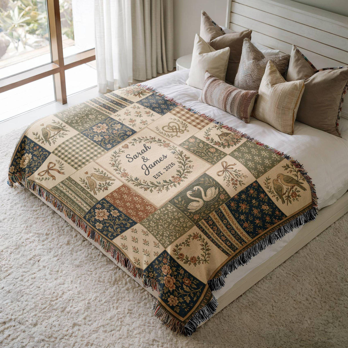 Personalized Floral Patchwork Woven Blanket, Custom Couple Names Date Throw, Vintage Botanical Wedding Gift,Cotton Anniversary Keepsake - main product image
