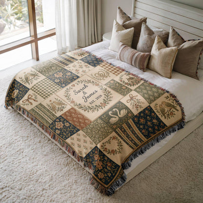 Personalized Floral Patchwork Woven Blanket, Custom Couple Names Date Throw, Vintage Botanical Wedding Gift,Cotton Anniversary Keepsake - main product image