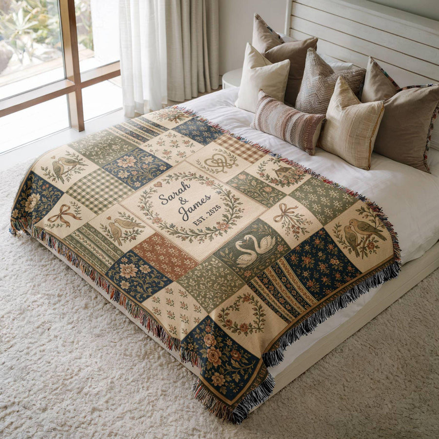 Personalized Floral Patchwork Woven Blanket, Custom Couple Names Date Throw, Vintage Botanical Wedding Gift,Cotton Anniversary Keepsake - main product image