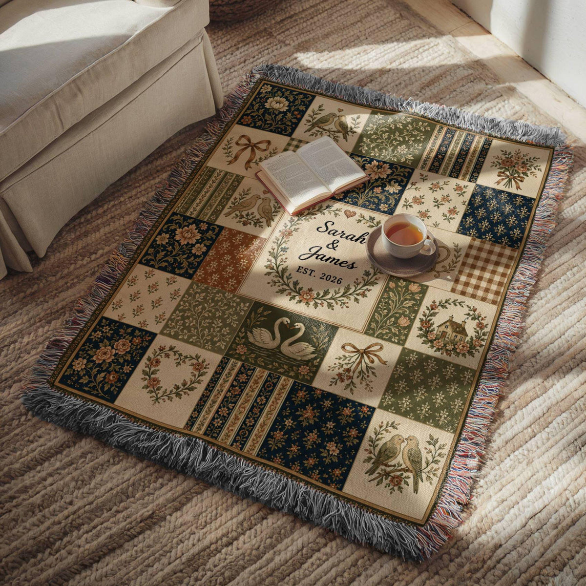 Personalized Floral Patchwork Woven Blanket, Custom Couple Names Date Throw, Vintage Botanical Wedding Gift,Cotton Anniversary Keepsake - product image 6