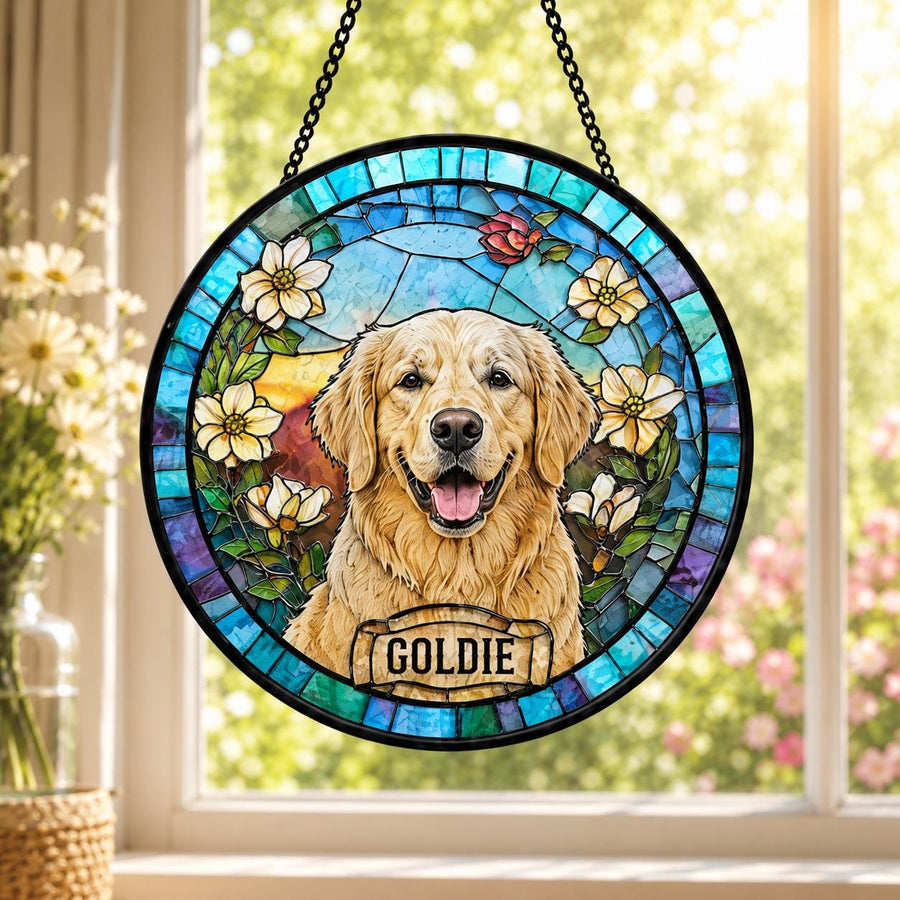 Personalized Dog Portrait Stained Glass Suncatcher, Custom Pet Memorial Stained Glass Photo Suncatcher, Dog Loss Keepsake, Pet Loss Gift - main product image