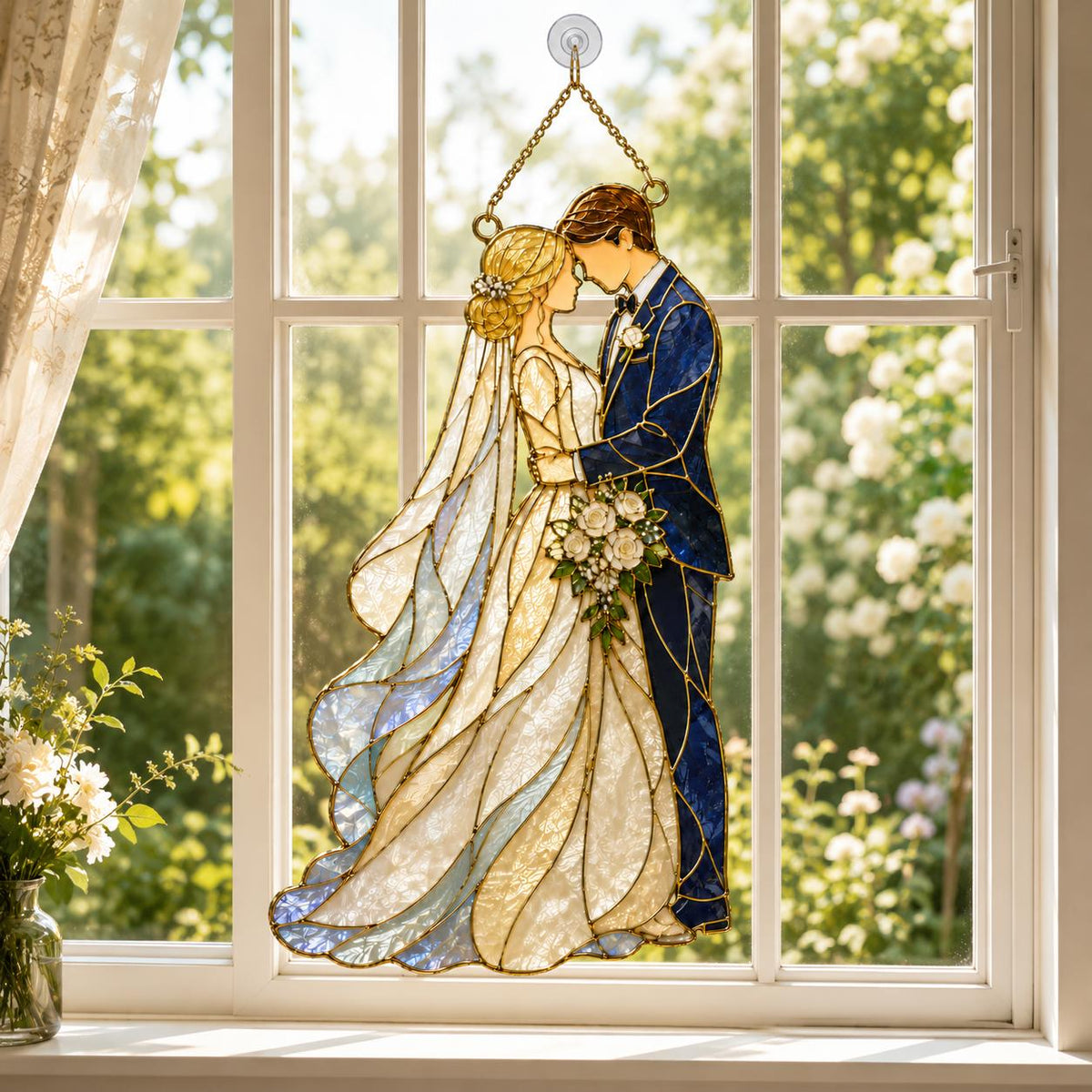 Personalized Wedding Couple Glass Suncatcher, Bride and Groom Window Hanging, Romantic Stained Glass Wedding Gift Decor - product image 4