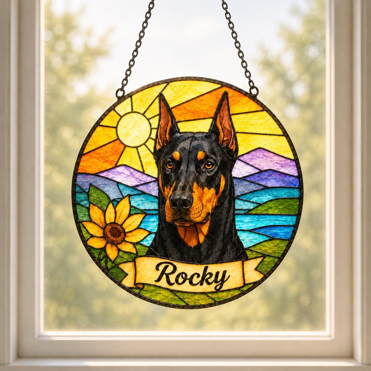 Custom Dog Portrait Stained Glass Suncatcher – Personalized Pet Memorial Gift, Handmade Animal Window Hanging - main product image