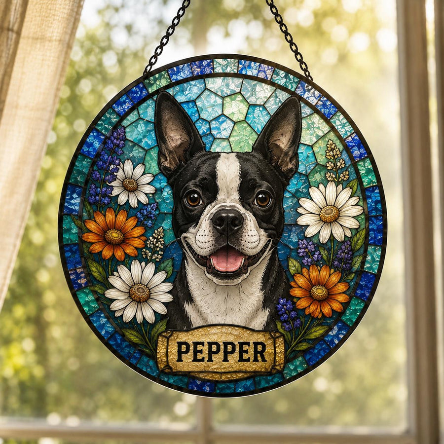 Dog Cat Loss Gift, Pet Memorial Suncatcher, Custom Stained Glass Portrait, Personalized Keepsake - main product image