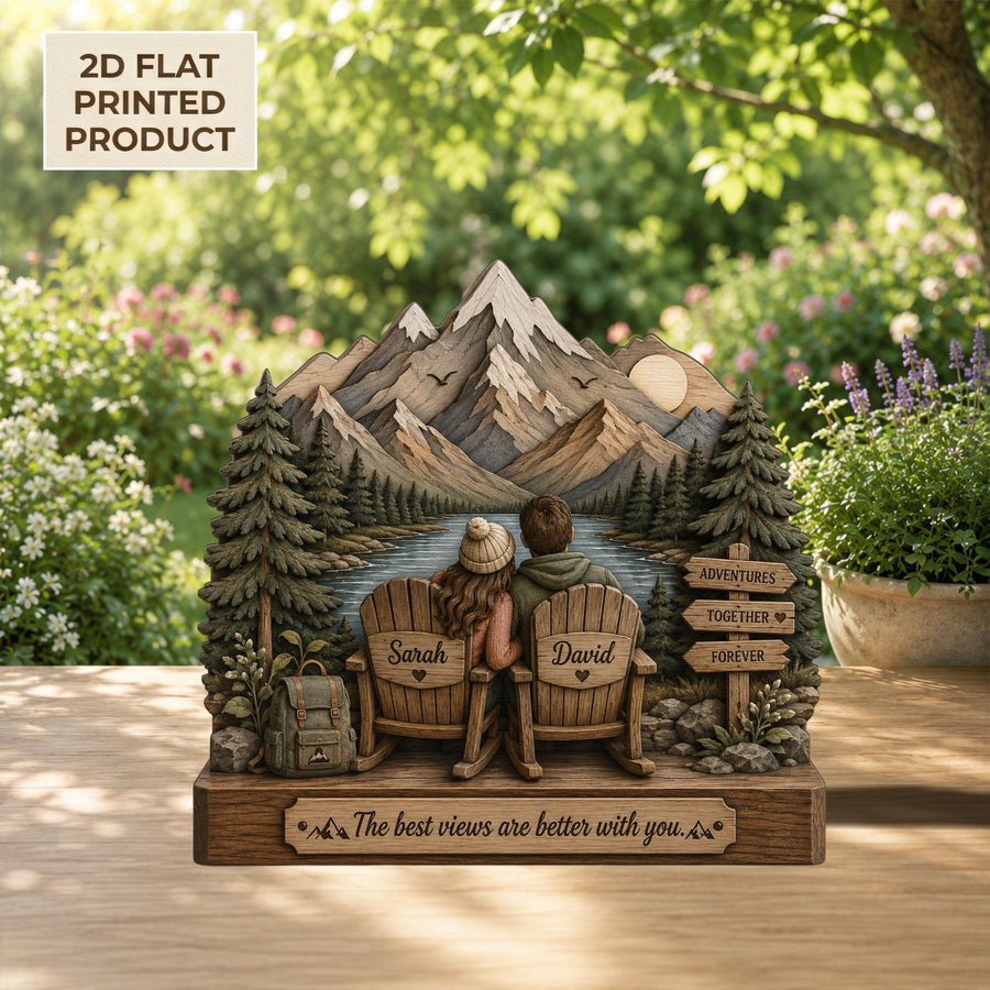 Personalized Mountain Couple 2D FLAT Wooden Block, Adventure Couple Gift, Custom Hiking Keepsake, Romantic Nature Decor, Anniversary Gift - main product image