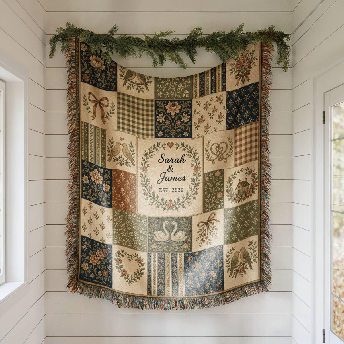 Personalized Floral Patchwork Woven Blanket, Custom Couple Names Date Throw, Vintage Botanical Wedding Gift,Cotton Anniversary Keepsake - product image 3
